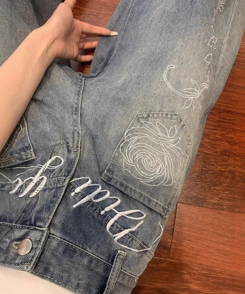 ジーンズ デニム デニムパンツ 「y2k」刺繍ワイドデニムパンツ 