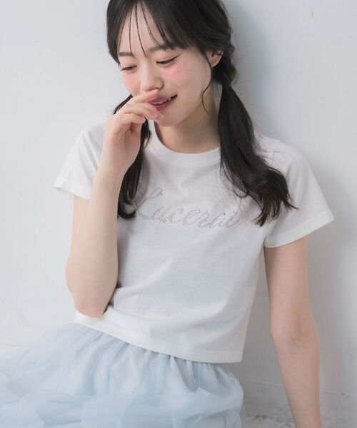 【美品】emm the shop 半袖丸襟トップス　ホワイト Emsexcite（エムズエキサイト） tシャツ 半袖 キラキラスターロゴT