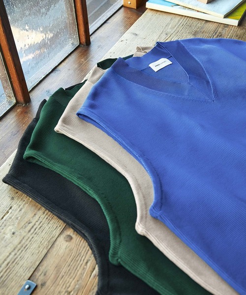 crepuscule 日本製 アゼニット ベスト リブ編み ゆったりめ ネイビー アゼ編み Vネック ルーズニットベスト EMMA CLOTHES（ベスト