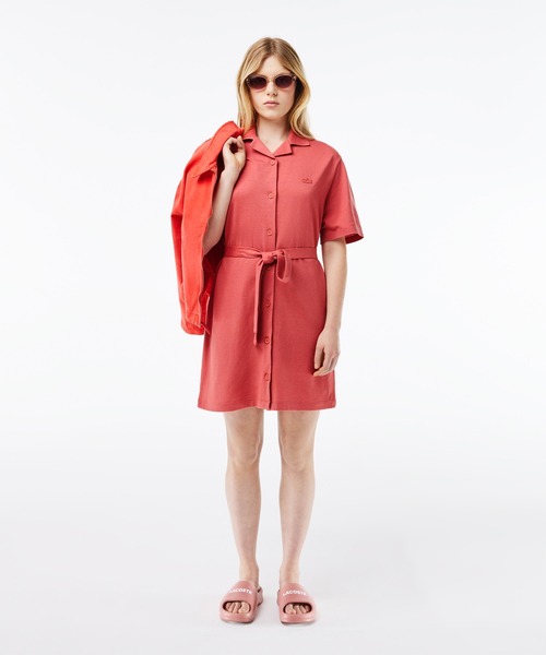 休日限定価格　LACOSTE 鹿の子シャツドレス　ワンピース 鹿の子地シャツドレス ドレープフレアワンピース（シャツ