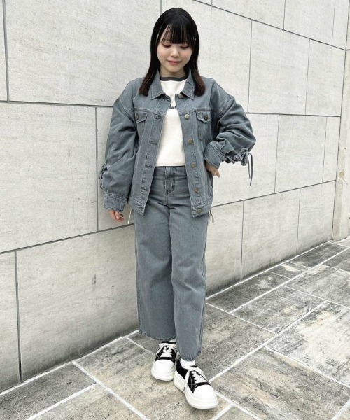 Miifashionnovaグレーフード付クロップドデニムジャケット F i.n.t（フィント） デニムジャケット gジャン 「セットアップ対応