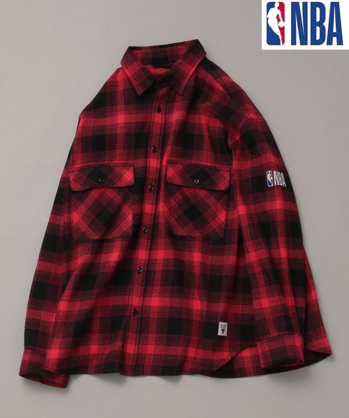 NBAチームロゴ総柄ボタンシャツ NBA シャツ 「NBA」刺繍チェックネルシャツ メンズ レディース