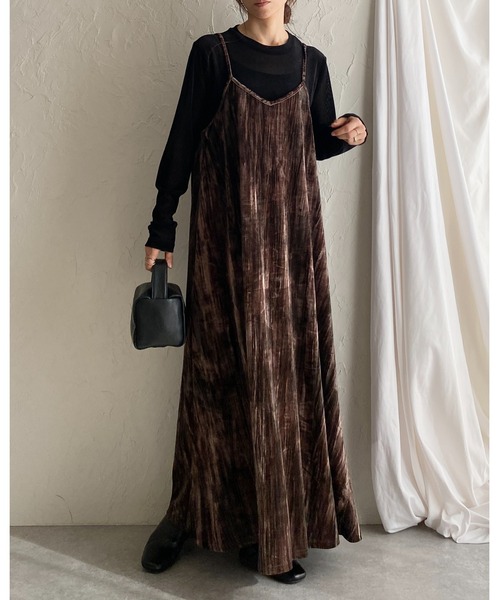 She's Closet ワンピース 金ボタンブローチ付き総柄ロング丈