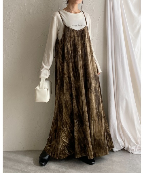 She's Closet ワンピース 金ボタンブローチ付き総柄ロング丈ワッシャー