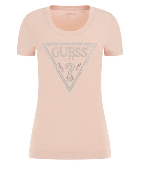GUESS エコ シャイニー キラキラ トライアングル ロゴ Ｔシャツ GUESS tシャツ ECO Shiny Signature Triangle Tee 半袖 ロゴT