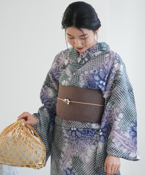 緑・水色暈し　有松絞り　絞り染め　絞り浴衣　NO16 utatane 浴衣 有松絞り浴衣3点セット 緑に流れる青紫の花
