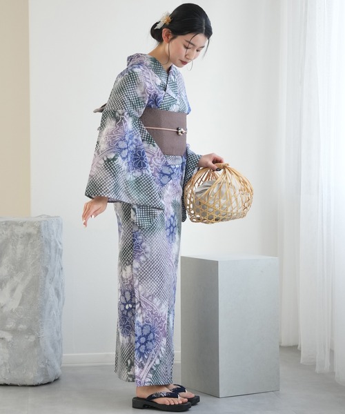 utatane 浴衣 有松絞り浴衣3点セット 緑に流れる青紫の花