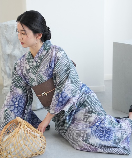 緑・水色暈し　有松絞り　絞り染め　絞り浴衣　NO16 有松鳴海絞り 浴衣 藍色 花模様 レトロ 身幅広め 植物柄 - 着物