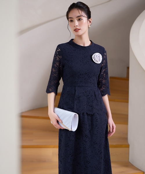 Retica パーティドレス Retica ドレス 結婚式ワンカラー総レース5部袖トップスタイト
