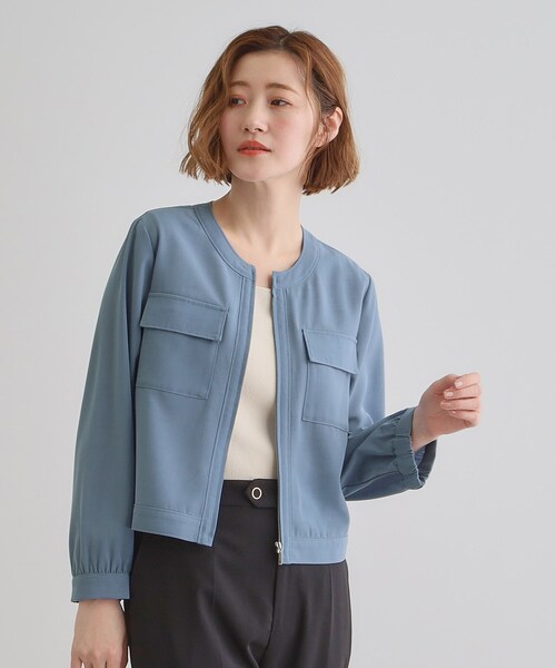 grove ブルゾン アウター 麻調ノーカラーシアーブルゾン
