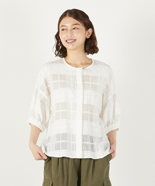 ブラウス シャツ 「LOURMARIN」シアーチェックバンドシャツ レディース