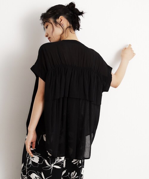 THE SHOP TK ブラウス シャツ 麻調シアーフリルギャザーブラウス