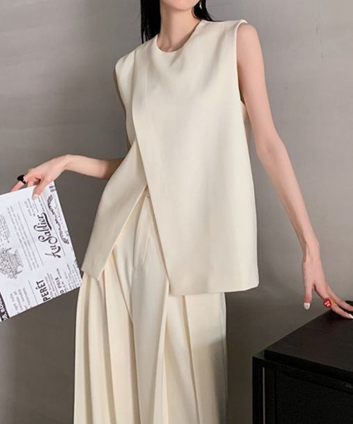 アシンメトリーノースリトップス+パンツセットアップ レディース