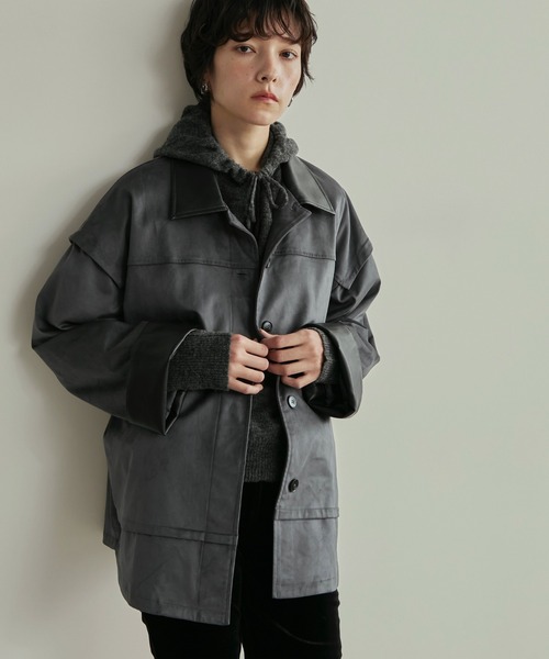 LOSCa カバーオール 合革襟配色フェイクスエードジャケット レディース