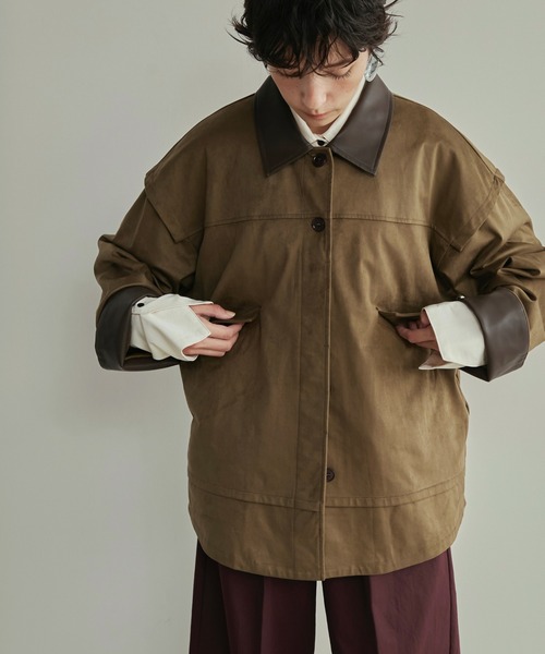 LOSCa カバーオール 合革襟配色フェイクスエードジャケット レディース