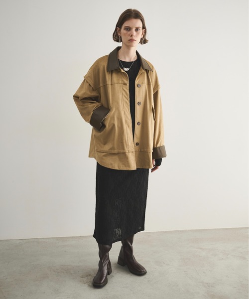 LOSCa カバーオール 合革襟配色フェイクスエードジャケット レディース