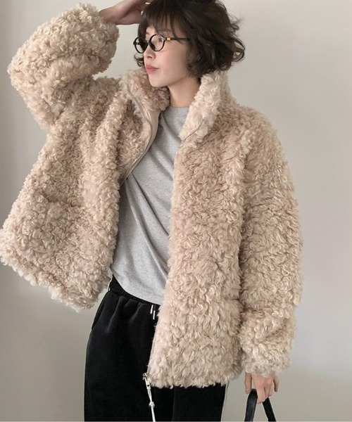 ジャケット ノーカラージャケット プードルファー ジップアップボア