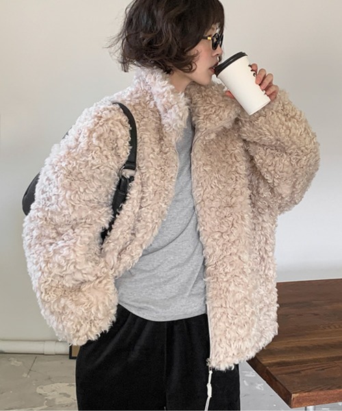 ジャケット ノーカラージャケット プードルファー ジップアップボア