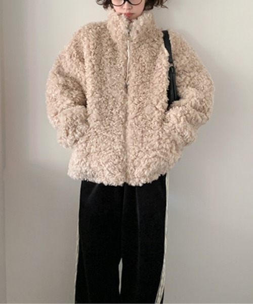 ジャケット ノーカラージャケット プードルファー ジップアップボア