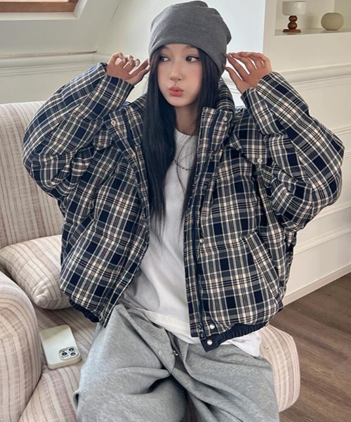 ダウンコート ダウンジャケット チェック柄 フード付きショートダウン