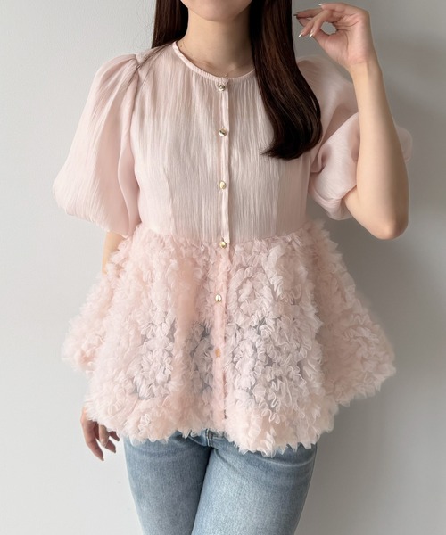 完売品✨sheller シェリエ フリル ペプラム ブラウス ピンク 半袖 F mipiarl ブラウス シャツ 半袖 フラワーモチーフチュールペプラム