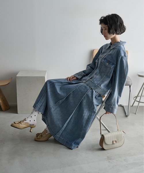 THE Yon スカート ブロックプリーツフレアスカート デニム/ツイル