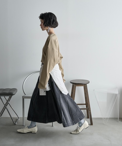 THE Yon ロング スカート ブロックプリーツフレアスカート デニム