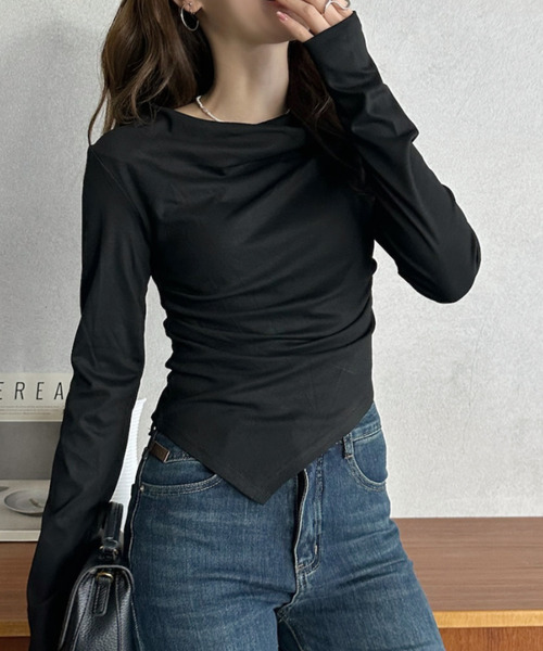 Eclat one tシャツ 「Eclat one」ドレープネック アシンメトリー 長袖
