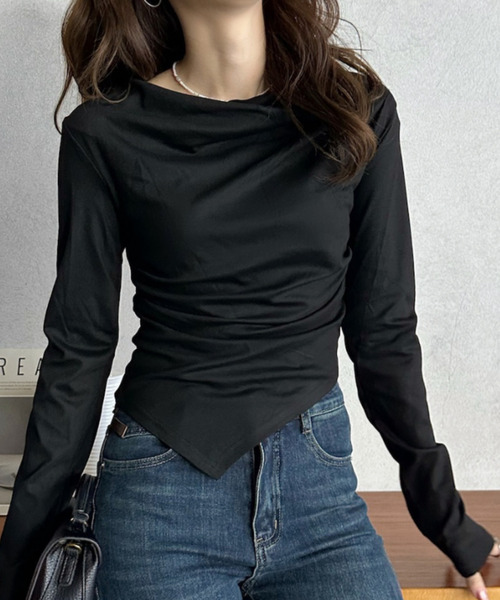 Eclat one tシャツ 「Eclat one」ドレープネック アシンメトリー 長袖