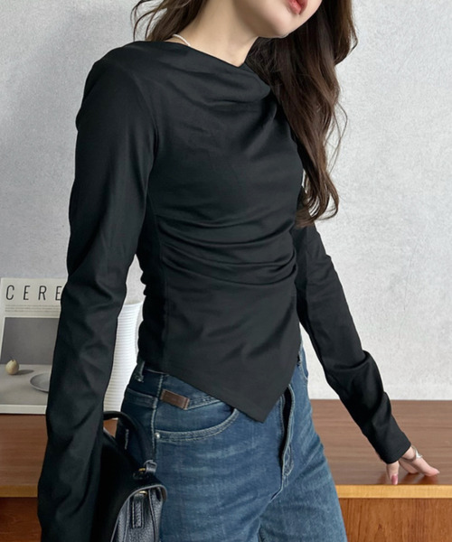 Eclat one tシャツ 「Eclat one」ドレープネック アシンメトリー 長袖