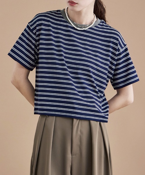 etoll.（エトル） tシャツ リンガーネックボーダーショートT