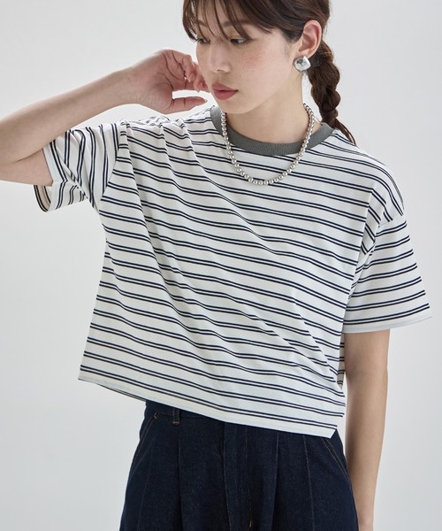 etoll.（エトル） tシャツ リンガーネックボーダーショートT