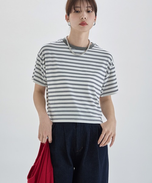 etoll.（エトル） tシャツ リンガーネックボーダーショートT