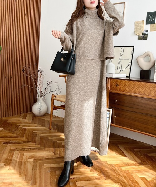 ニットワンピース M~2XL ハイネック ベストセット 2color ニットベストXシャツワンピースセットアップ[dr468