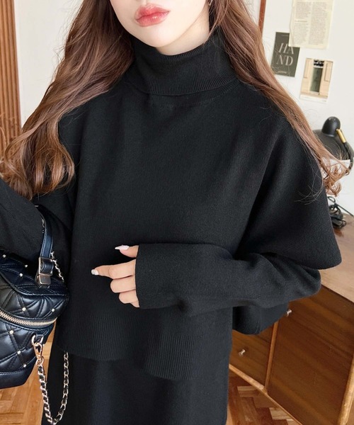 韓国 秋冬 セットアップ☆長袖 タートル Vネックワンピース セットアップ ハイネック ニットベストレディース ニット