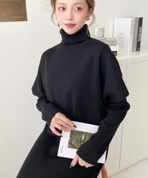 韓国 秋冬 セットアップ☆長袖 タートル Vネックワンピース セットアップ ハイネック ニットベストレディース ニット