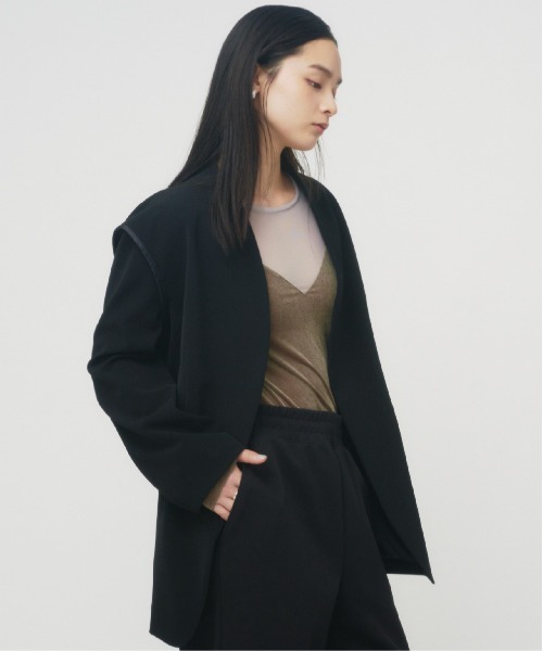 【美品】定価11万 ドゥロワー　ノーカラージャケット　フリル　22SS ブラック THINGS THAT MATTER（シングス ザット マター） ジャケット ノーカラー