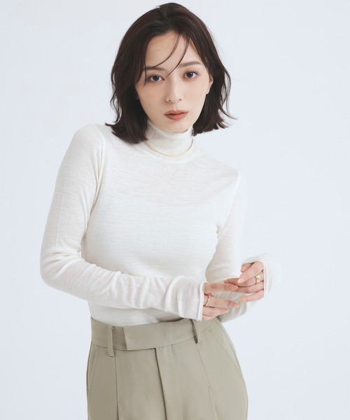 シアーウールタートルネックカットトップス ホワイト タートルネック アイボリー anuans tシャツ シアーウールタートルネックカットトップス