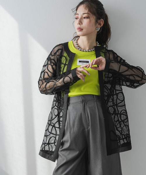 カーディガン コード刺繍フロントホックメッシュカーデ レディース bohmal カーディガン コード刺繍メッシュチュニックカーデ
