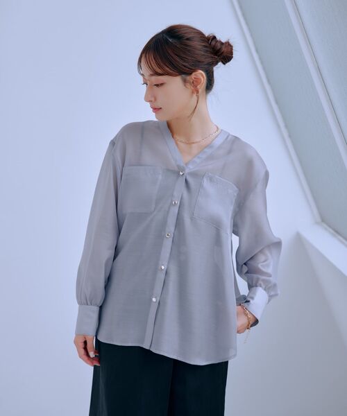 ブラウス シャツ Vネックダブルポケットシアーシャツ 「低身長・小柄女性」 レディース ブラウス シャツ Vネックダブルポケットシアーシャツ 「低身長