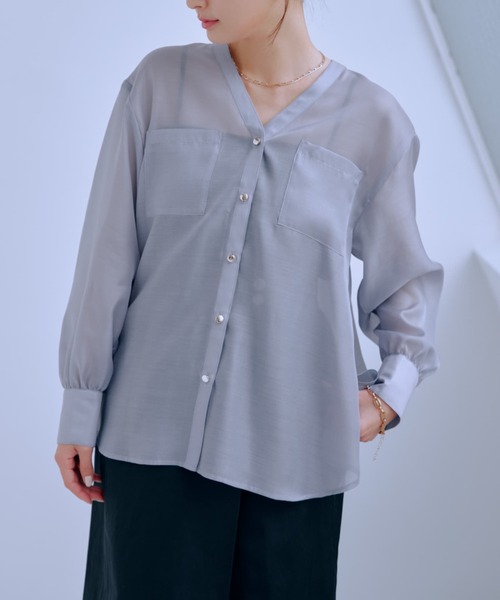 cohina Vネックダブルポケットシアーシャツ Vネックダブルポケットシアーシャツ | 小柄・低身長女性向け