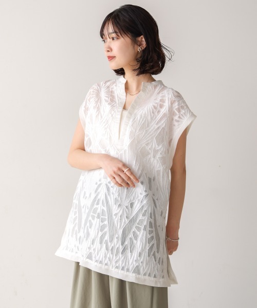 tシャツ Vネックレースプルオーバー レディース