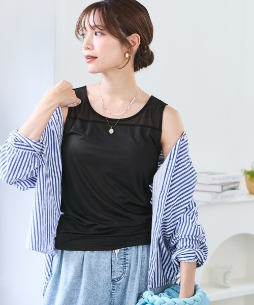 tシャツ 「大きいサイズ」シアーコンビトップス（ブラカップ付） レディース | SMILELAND