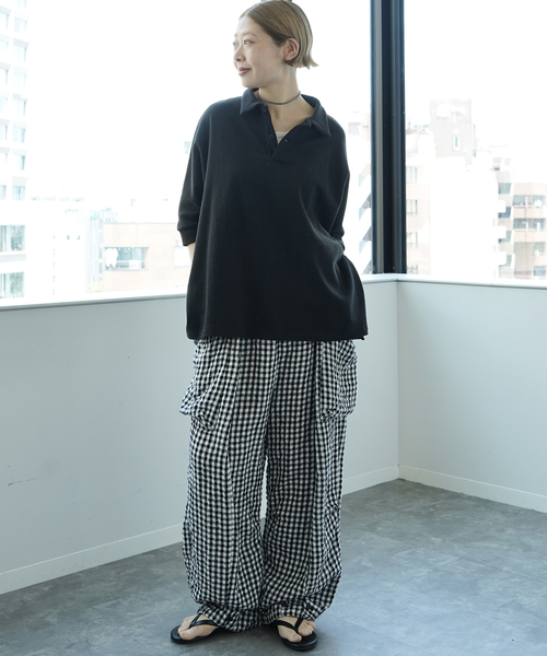 ワイドパンツ カーゴパンツ リネンチェック カーゴパンツ レディースの画像