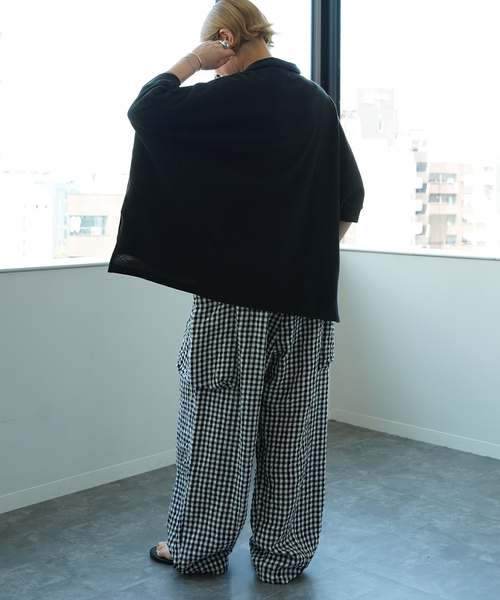 ワイドパンツ カーゴパンツ リネンチェック カーゴパンツ レディースの画像