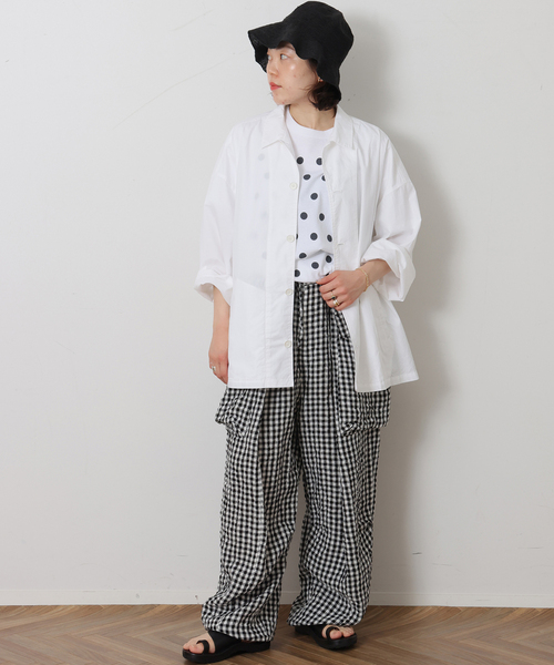 ワイドパンツ カーゴパンツ リネンチェック カーゴパンツ レディースの画像