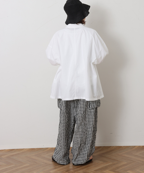 ワイドパンツ カーゴパンツ リネンチェック カーゴパンツ レディースの画像