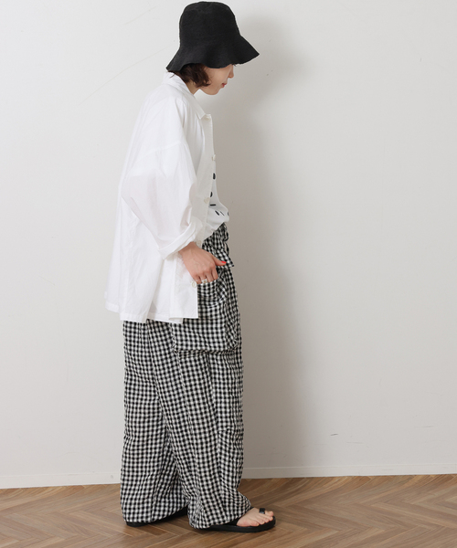 ワイドパンツ カーゴパンツ リネンチェック カーゴパンツ レディースの画像