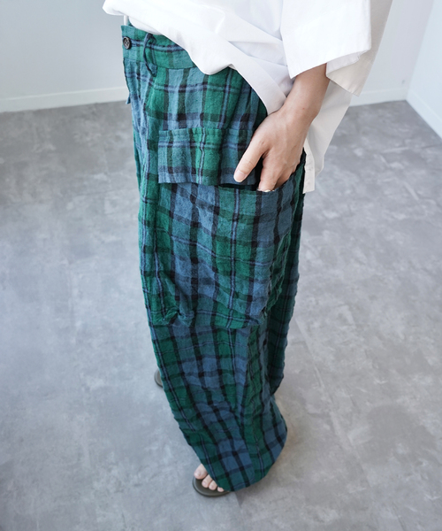 ワイドパンツ カーゴパンツ リネンチェック カーゴパンツ レディースの画像