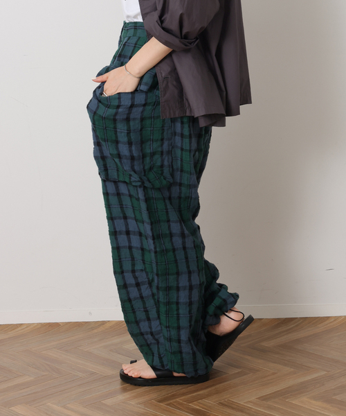 ワイドパンツ カーゴパンツ リネンチェック カーゴパンツ レディースの画像